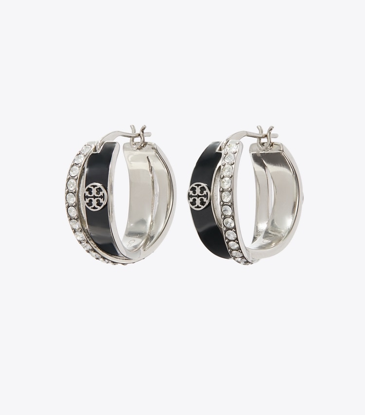 Tory Burch designer earrings Icon Enamel Double Hoop Earrings in Tory Silver / BLACK / Crystal front
