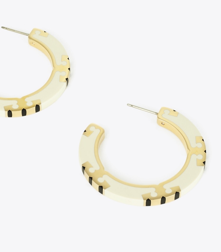 Tory Burch designer earrings Icon Enamel Hoop Earrings in Tory Gold / New Ivory / BLACK detail