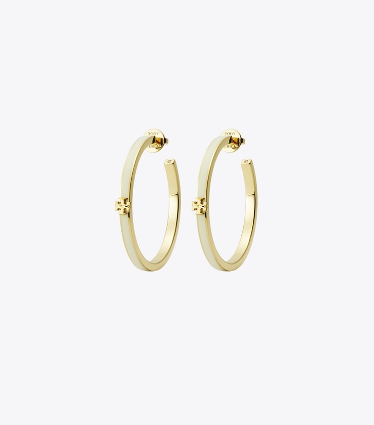 Tory Burch designer earrings Icon Enamel Hoop Earrings in Tory Gold / New Ivory front