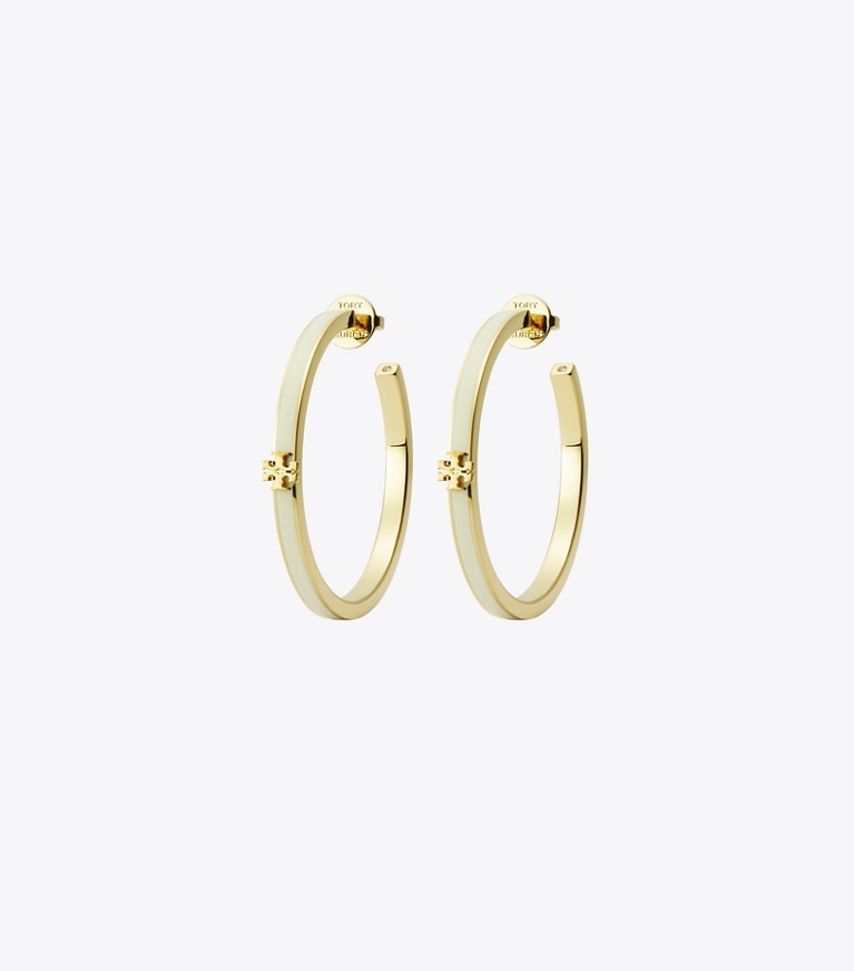 Tory Burch designer earrings Icon Enamel Hoop Earrings in Tory Gold / New Ivory front