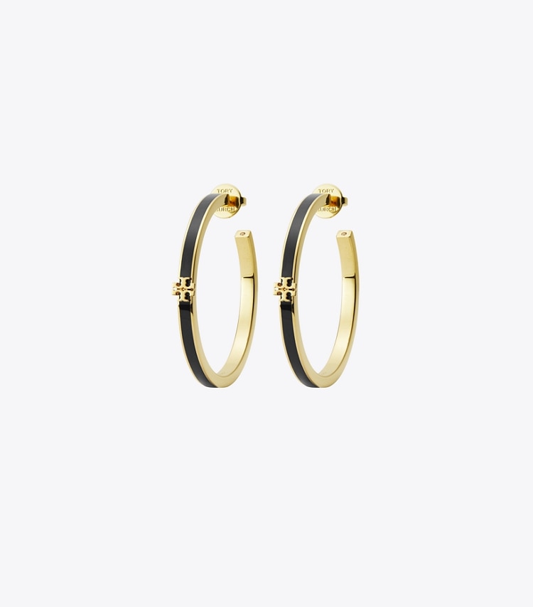 Tory Burch designer boucles d'oreilles Icon Enamel Hoop Earrings in Tory Gold / Black front