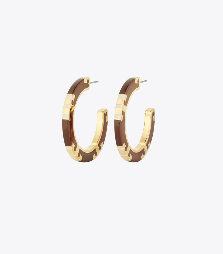 Tory Burch designer earrings Icon Enamel Hoop Earrings in Tory Gold / Burgundy / Pink front