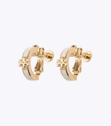 Tory Burch designer イヤリング&ピアス アイコン エナメル ハギー クリップオンイヤリング in Tory Gold / New Ivory front