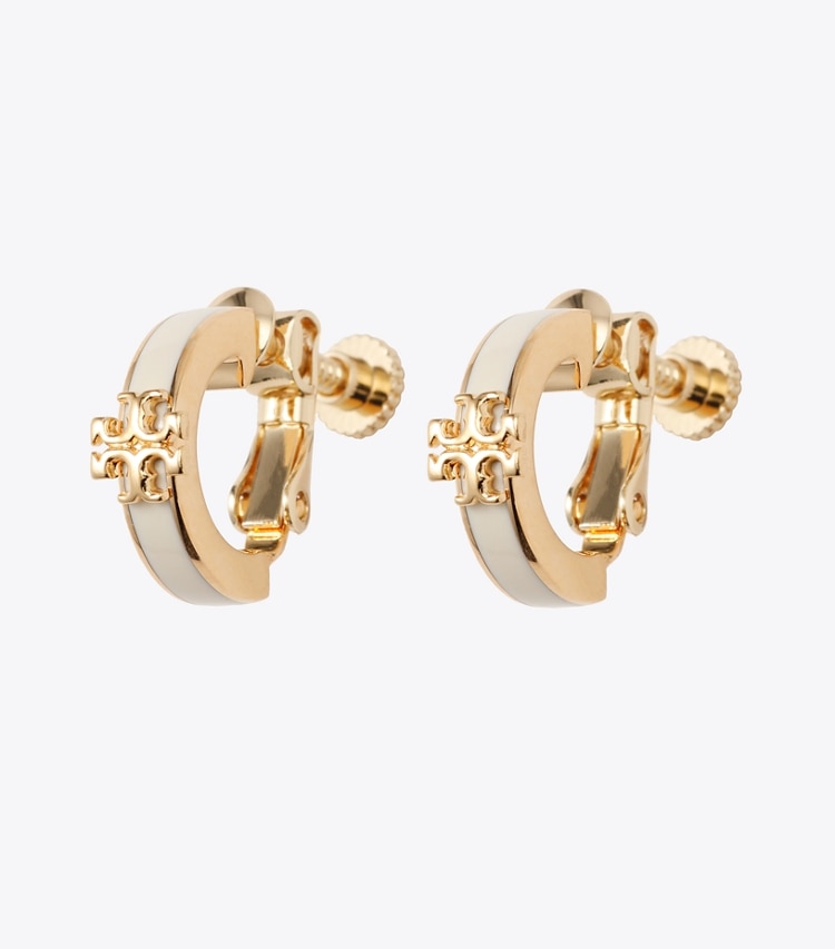 Tory Burch designer イヤリング＆ピアス アイコン エナメル ハギー クリップオンイヤリング in Tory Gold / New Ivory front