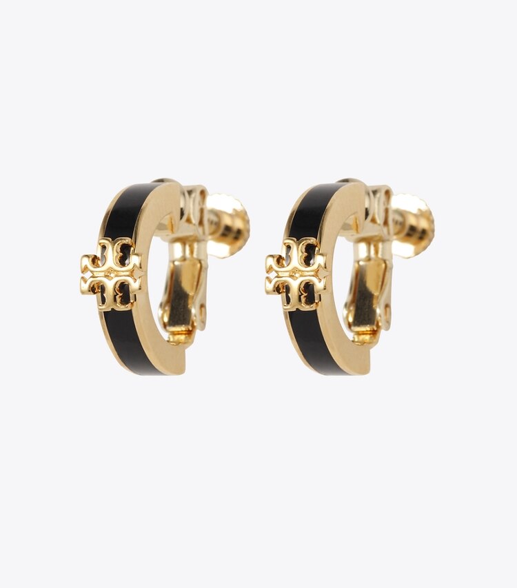 Tory Burch designer イヤリング＆ピアス キラ エナメル ハギー クリップオンイヤリング in Tory Gold / Black front