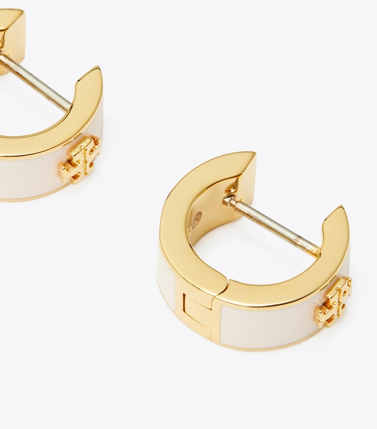 Tory Burch designer earrings Icon Enamel Huggie Earrings in Tory Gold / Pink Snow detail