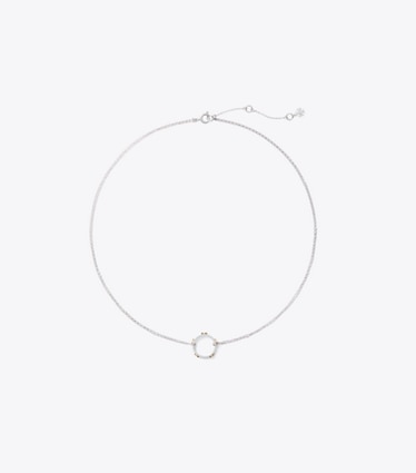 Tory Burch designer halsketten Icon Halskette mit nietenbesetztem Ringanhänger in Tory Gold / Tory Silver front