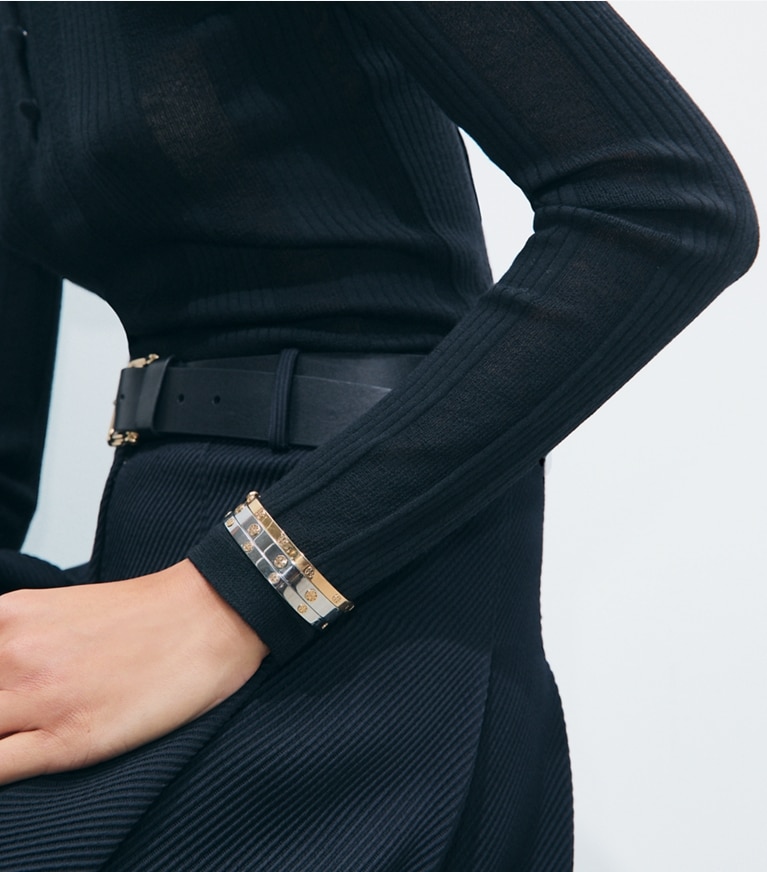 Tory Burch designer bracelets Icon Hinge Bracelet in Tory Gold additional on model