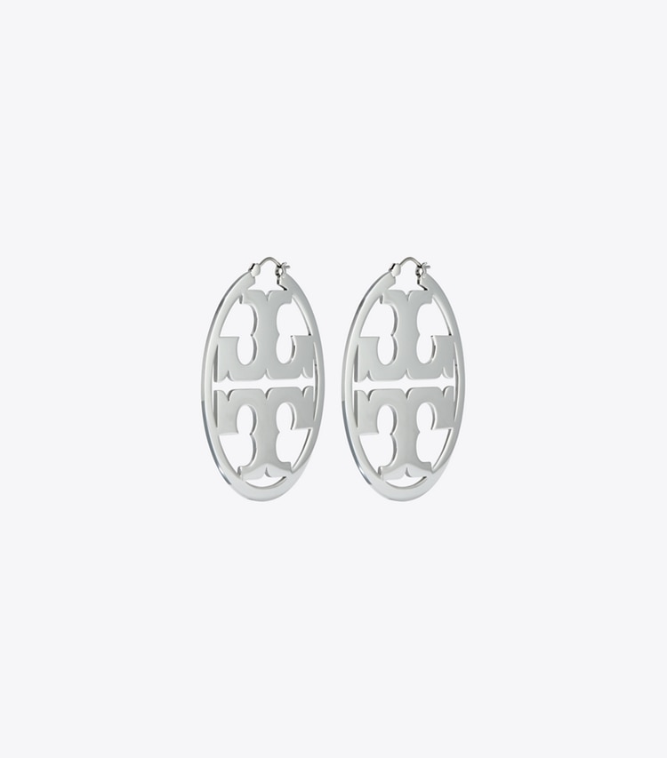 Tory Burch designer earrings Icon Hoop Earrings in Tory Silver front