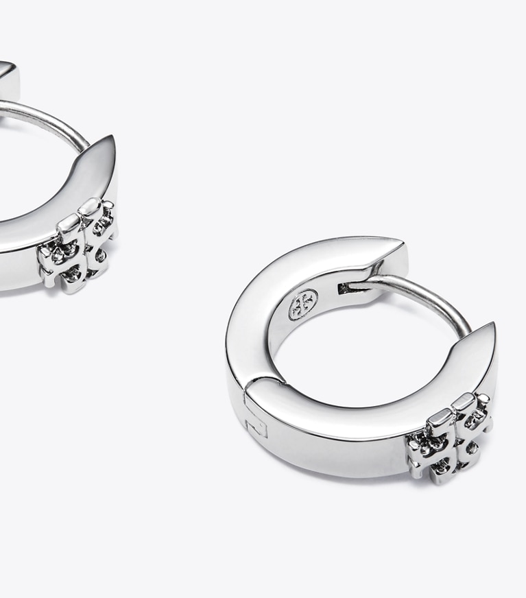 Tory Burch designer earrings Icon Huggie Earrings in Tory Silver front
