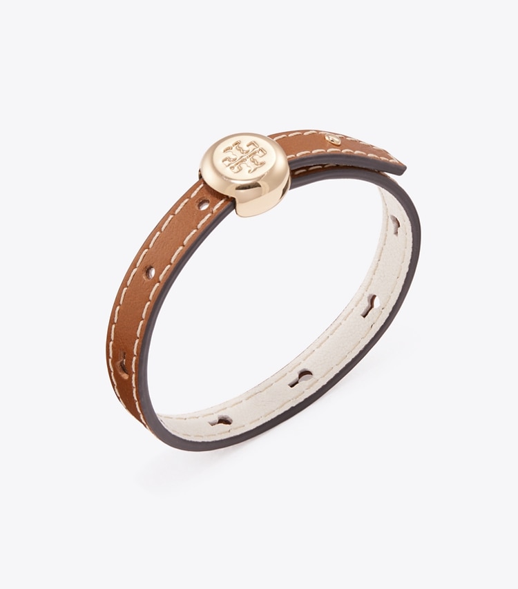 Tory Burch designer bracelets Icon Leather Bracelet in Light Brass / Aged Tan detail