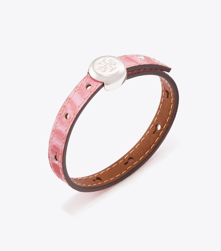 Tory Burch designer bracelets Icon Leather Bracelet in Light Silver / Rose Sunset detail