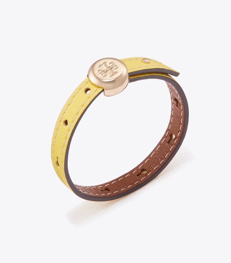Tory Burch designer bracelets Icon Leather Bracelet in Light Brass / CALENDULA detail