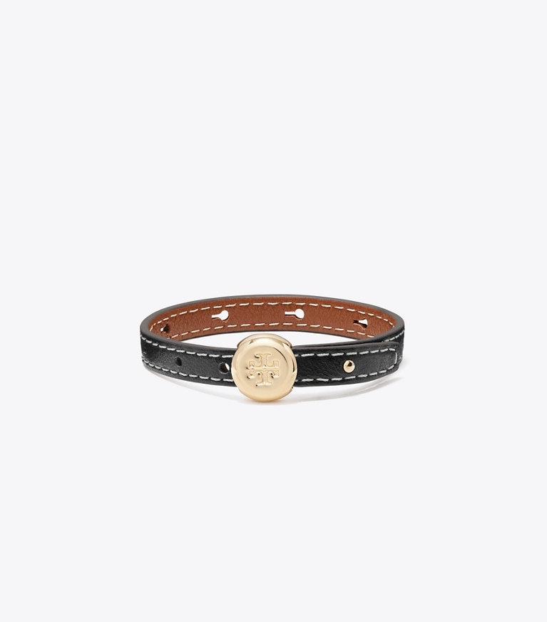 Tory Burch designer bracelets Icon Leather Bracelet in Light Brass / BLACK front