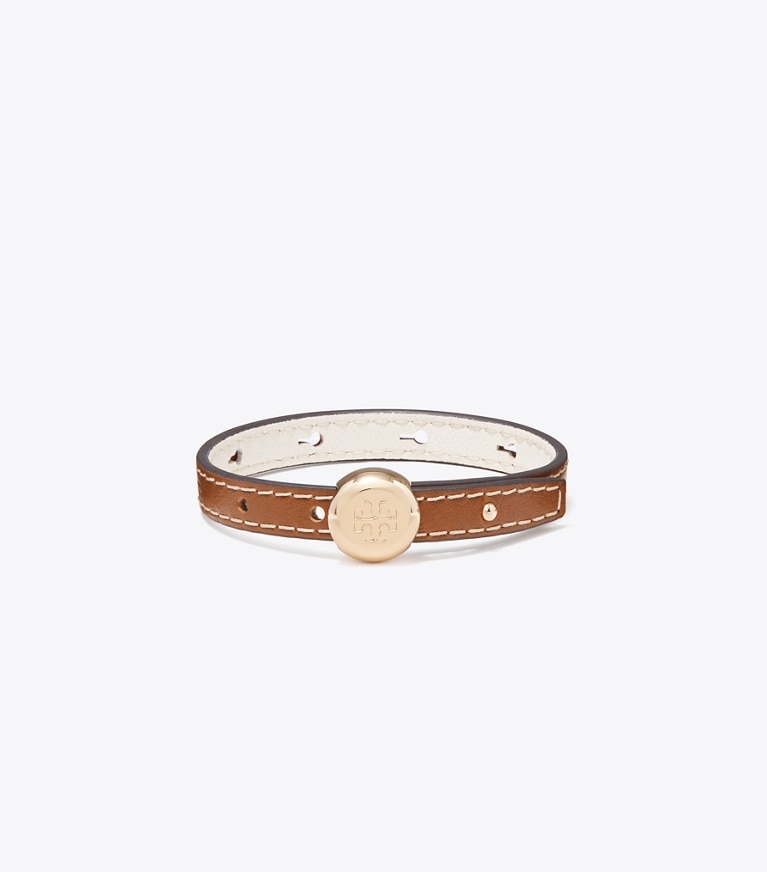 Tory Burch designer bracelets Icon Leather Bracelet in Light Brass / Aged Tan front