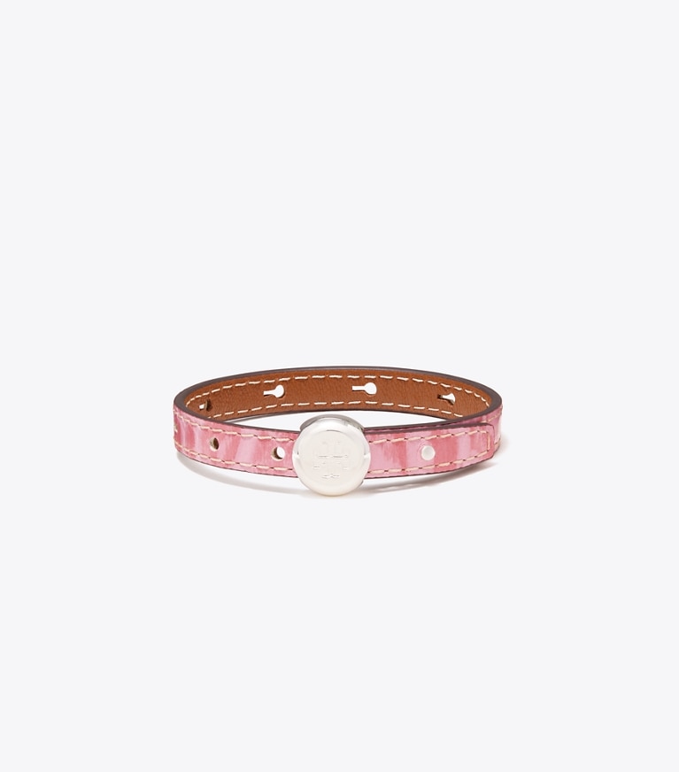 Tory Burch designer bracelets Icon Leather Bracelet in Light Silver / Rose Sunset front