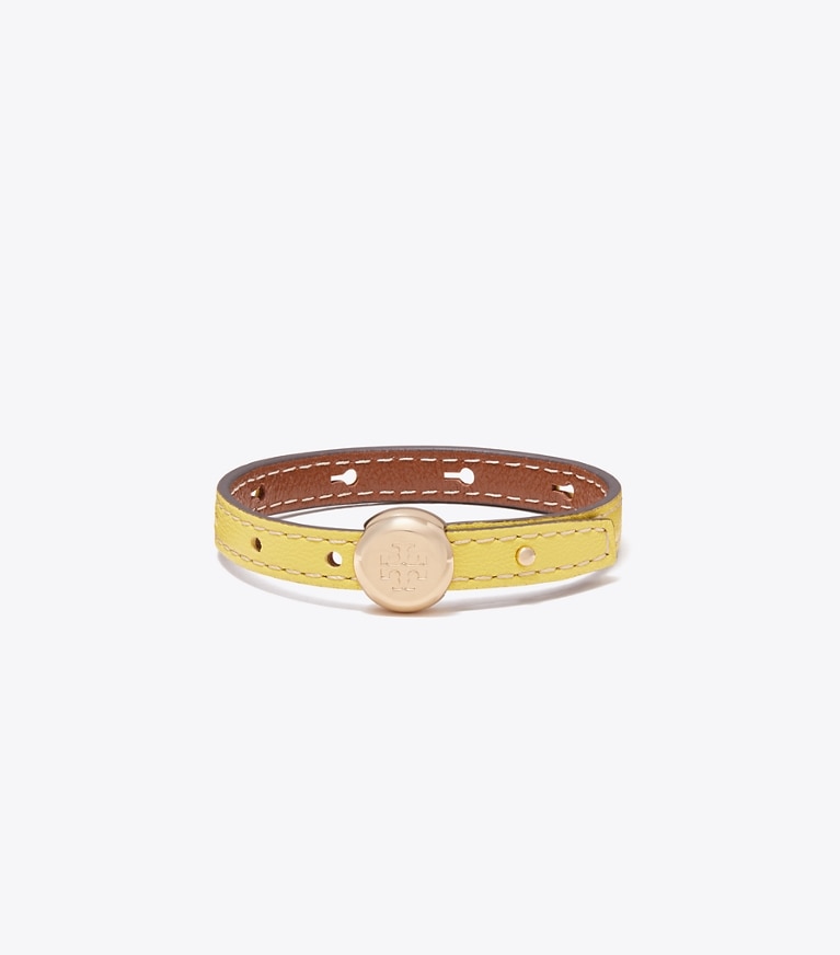 Tory Burch designer bracelets Icon Leather Bracelet in Light Brass / CALENDULA front
