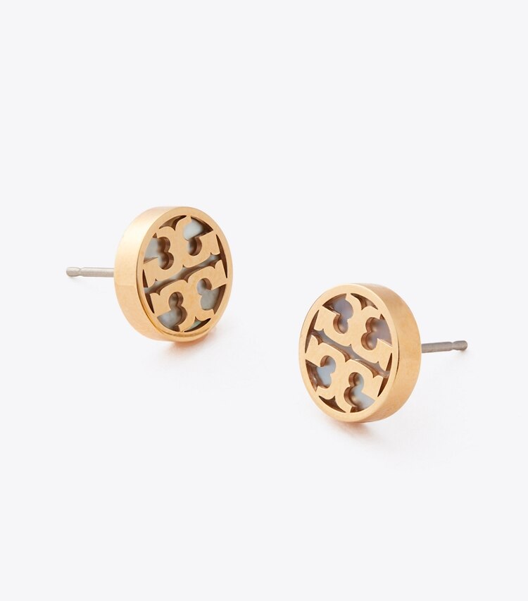 Tory Burch diseñador aretes Icon Mother Of Pearl Circle Stud Earrings en Tory Gold / Mother of Pearl detalle