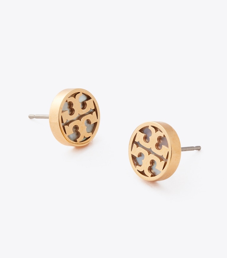 Tory Burch diseñador aretes Icon Mother Of Pearl Circle Stud Earrings en Tory Gold / Mother of Pearl detalle
