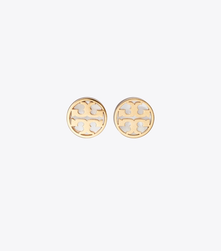 Tory Burch diseñador aretes Icon Mother Of Pearl Circle Stud Earrings en Tory Gold / Mother of Pearl frente