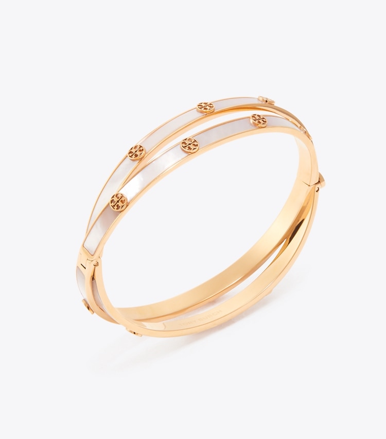 Tory Burch diseñador pulseras Icon Mother Of Pearl Double Hinge Bracelet en Tory Gold / Mother of Pearl detalle