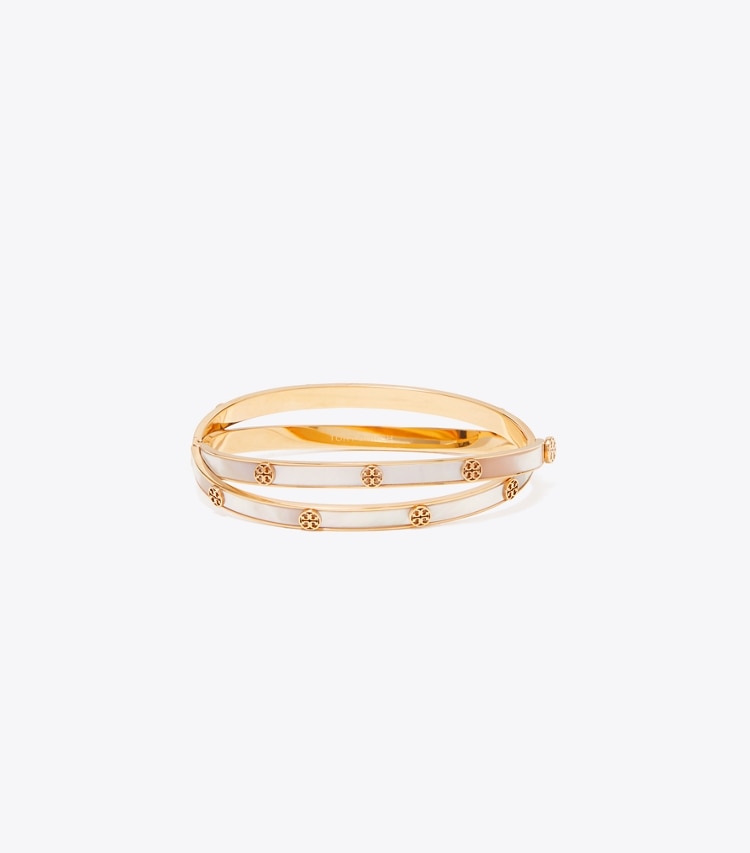 Tory Burch diseñador pulseras Icon Mother Of Pearl Double Hinge Bracelet en Tory Gold / Mother of Pearl frente