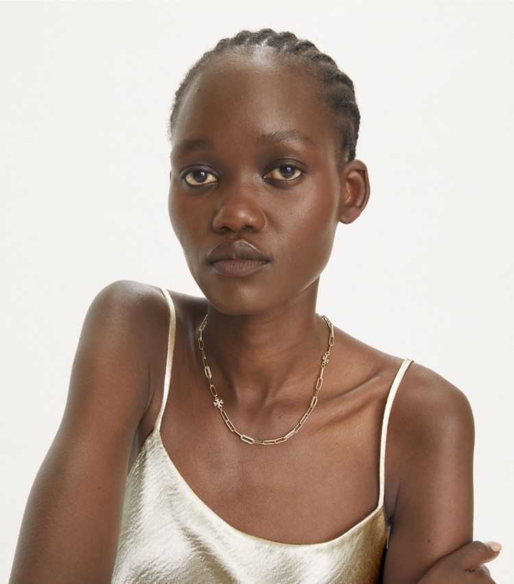 Tory Burch designer necklaces Icon Pavé Chain Necklace in Tory Gold / Crystal accessory on model