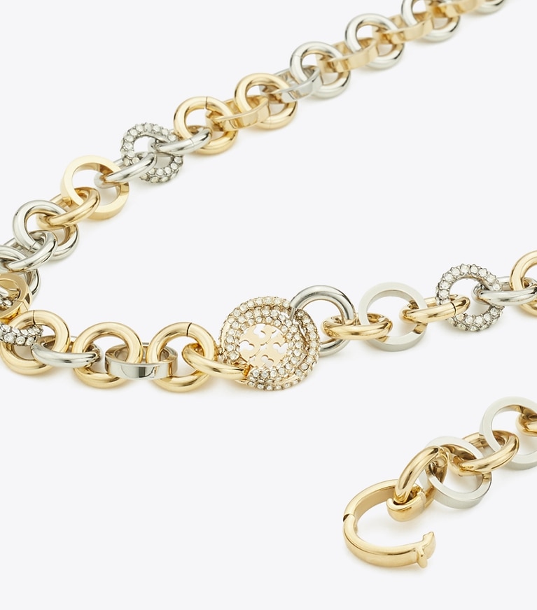 Tory Burch designer ネックレス ミラー パヴェ チェーンネックレス in Tory Gold / Tory Silver / Crystal front