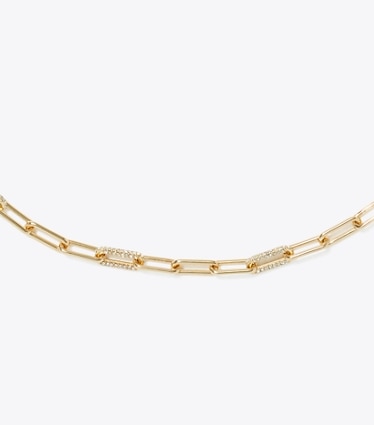 Tory Burch designer necklaces Icon Pavé Chain Necklace in Tory Gold / Crystal detail