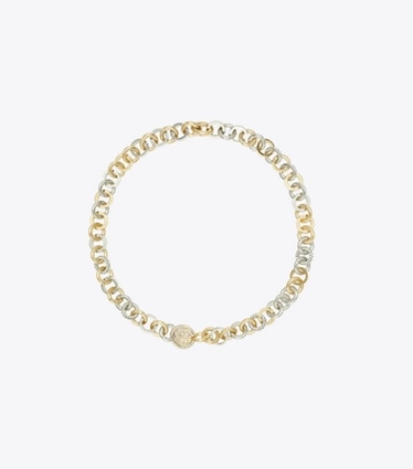 Tory Burch designer ネックレス ミラー パヴェ チェーンネックレス in Tory Gold / Tory Silver / Crystal front