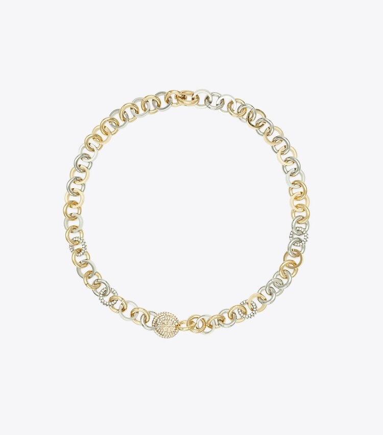 Tory Burch designer ネックレス ミラー パヴェ チェーンネックレス in Tory Gold / Tory Silver / Crystal front