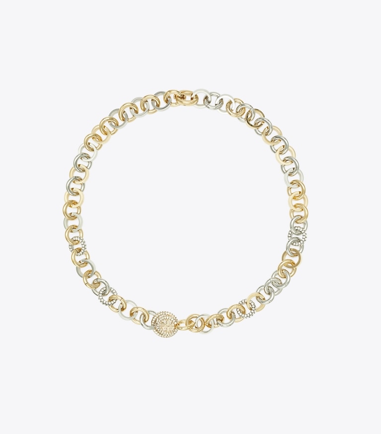 Tory Burch designer ネックレス ミラー パヴェ チェーンネックレス in Tory Gold / Tory Silver / Crystal front