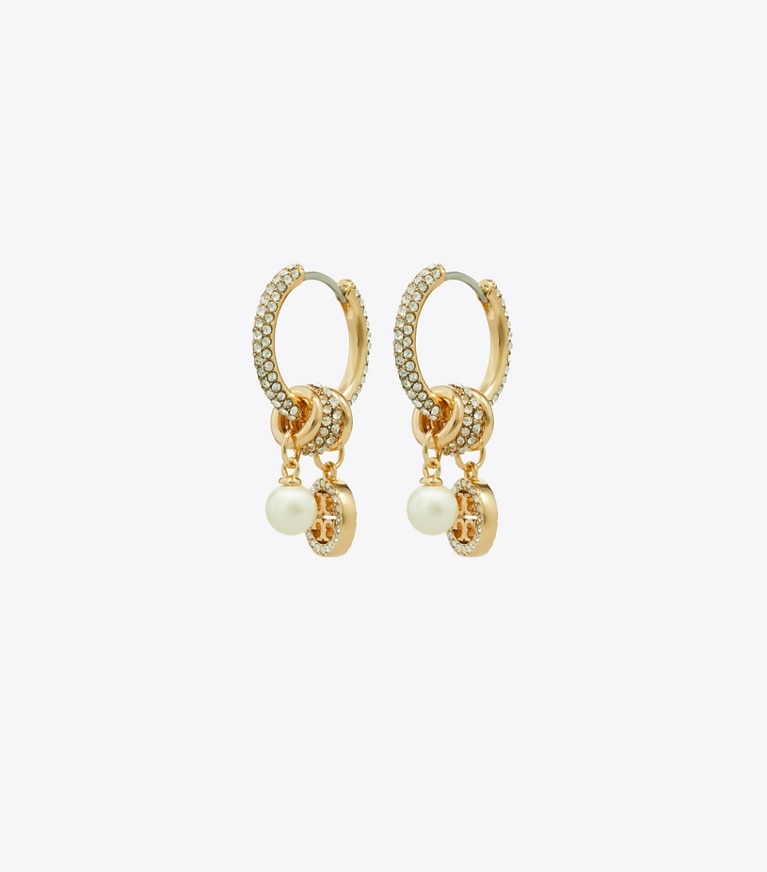 Tory Burch designer earrings Icon Pavé Charm Earrings in Tory Gold / Crystal / Pearl front