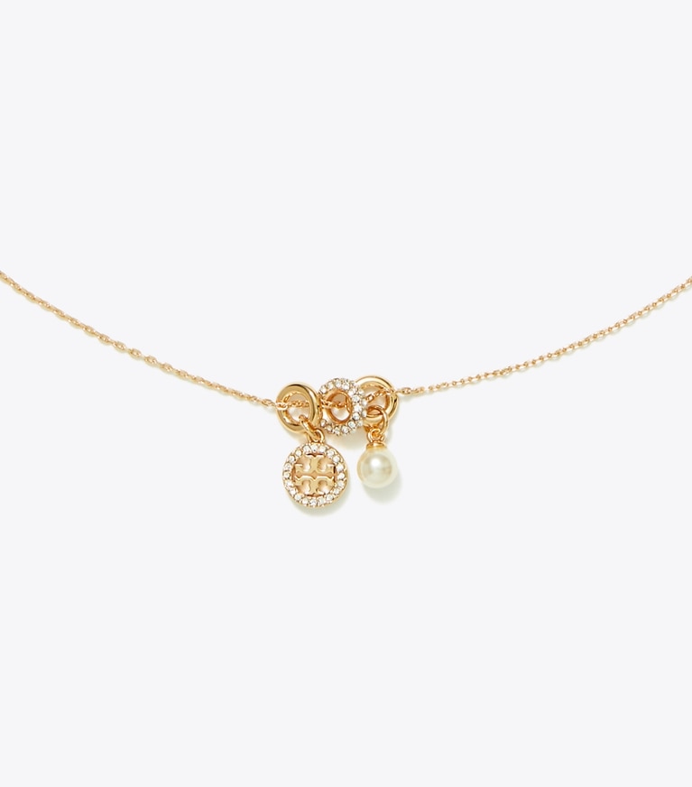 Tory Burch designer necklaces Icon Pavé Charm Pendant Necklace in Tory Gold / Crystal / Pearl detail