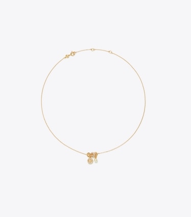 Tory Burch designer necklaces Icon Pavé Charm Pendant Necklace in Tory Gold / Crystal / Pearl front