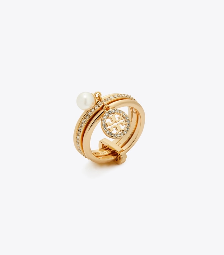 Tory Burch designer リング アイコン パヴェ チャーム リング in Tory Gold / Crystal / Pearl angle