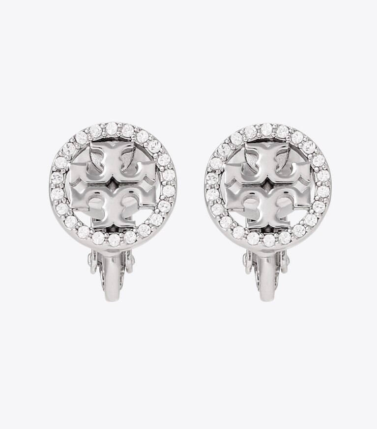 Tory Burch designer イヤリング＆ピアス アイコン パヴェ スタッズ クリップオンイヤリング in Tory Silver / Crystal front