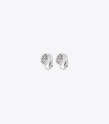 Tory Burch designer イヤリング＆ピアス アイコン パヴェ スタッズ クリップオンイヤリング in Tory Silver / Crystal front