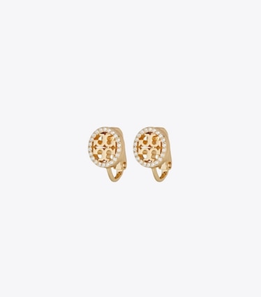 Tory Burch designer イヤリング&ピアス アイコン パヴェ スタッズ クリップオンイヤリング in Tory Gold / Crystal front