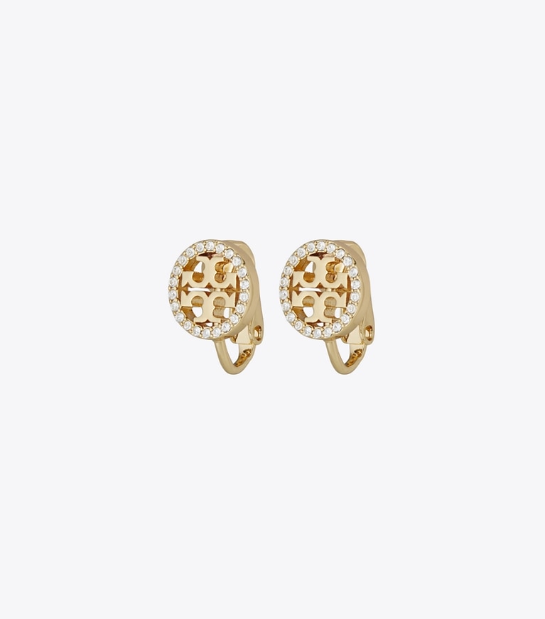 Tory Burch designer イヤリング＆ピアス ミラー パヴェ スタッズ クリップオンイヤリング in Tory Gold / Crystal front