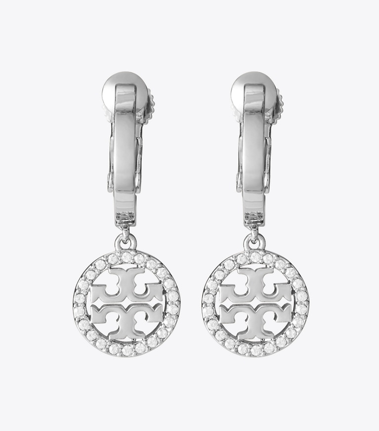 Tory Burch designer イヤリング＆ピアス アイコン パヴェ ハギーフープ クリップオンイヤリング in Tory Silver / Crystal front