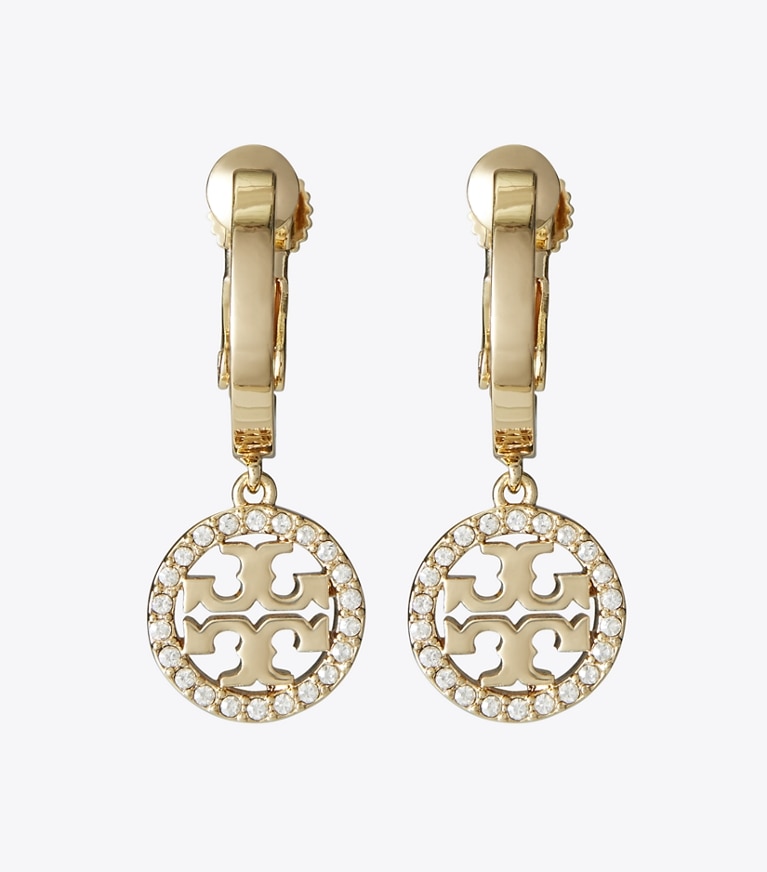 Tory Burch designer イヤリング＆ピアス ミラー パヴェ ハギーフープ クリップオンイヤリング in Tory Gold / Crystal front