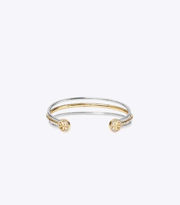 Tory Burch designer bracelets Icon Pavé Cuff in Tory Silver / Tory Gold / Crystal front