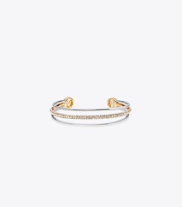 Tory Burch designer bracelets Icon Pavé Cuff in Tory Silver / Tory Gold / Crystal front
