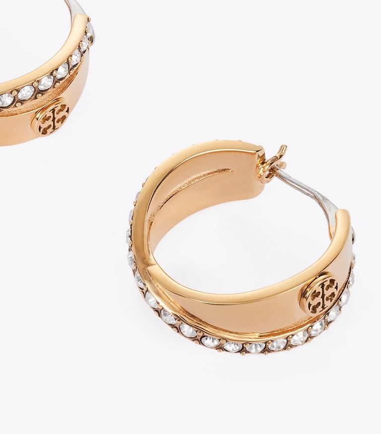 Tory Burch designer earrings Icon Pavé Double Hoop Earring in Tory Gold / Crystal detail