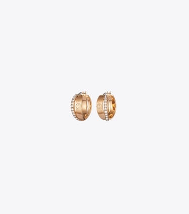 Tory Burch designer earrings Icon Pavé Double Hoop Earring in Tory Gold / Crystal front