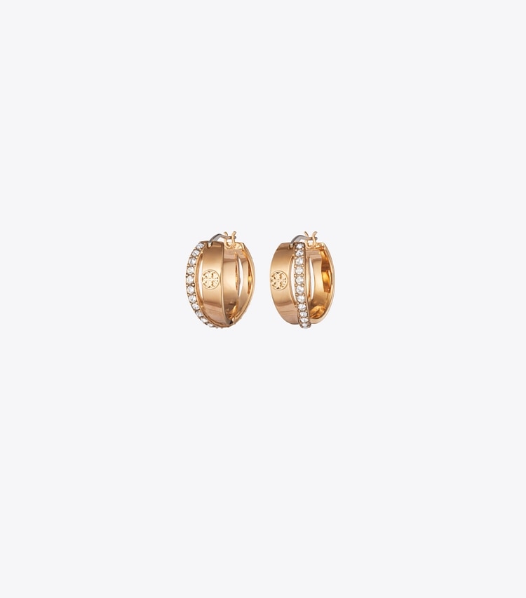 Tory Burch designer earrings Icon Pavé Double Hoop Earring in Tory Gold / Crystal front