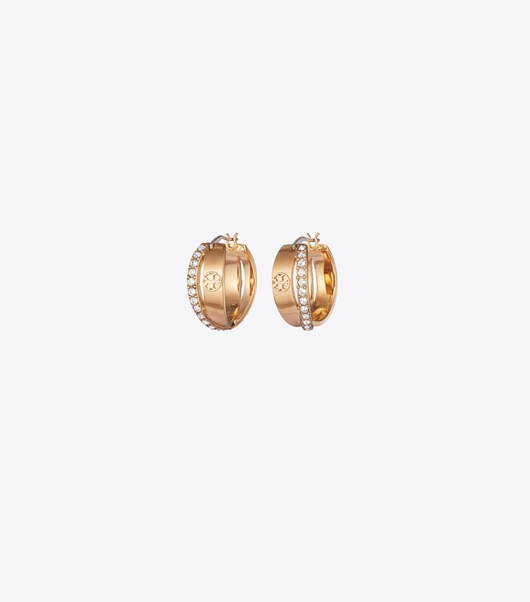 Tory Burch designer earrings Icon Pavé Double Hoop Earring in Tory Gold / Crystal front