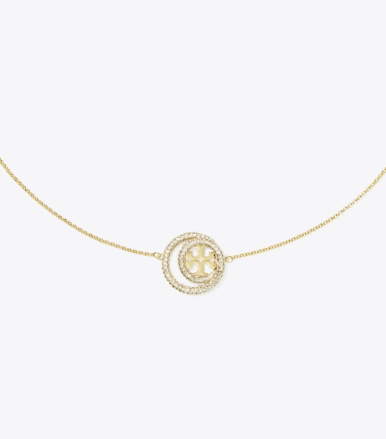 Tory Burch designer ネックレス ミラー ダブルリング ペンダント in Tory Gold / Crystal ディテール