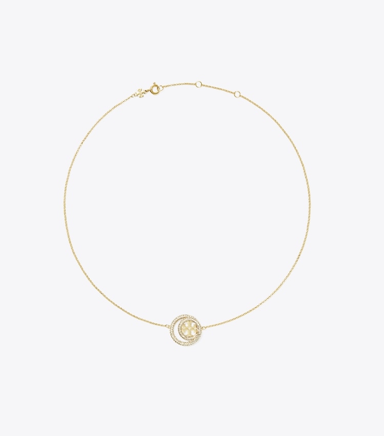 Tory Burch designer ネックレス ミラー ダブルリング ペンダント in Tory Gold / Crystal front